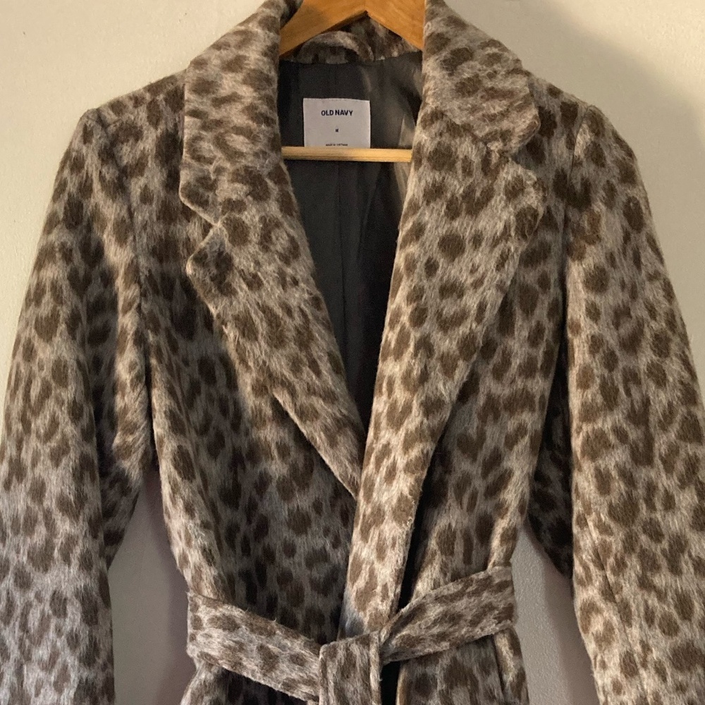 Leopard Print Brushed Long Jacket w/ Tie - Old Navy